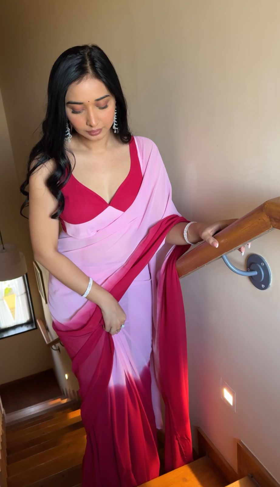 Extraordinary 1-Minute Ready To Wear Pink And Red Georgette Saree