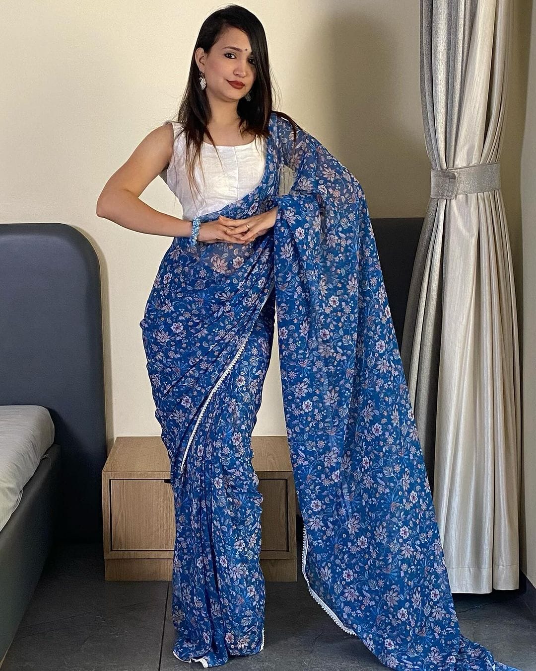 Enthralling 1-Minute Ready To Wear Blue Georgette Saree