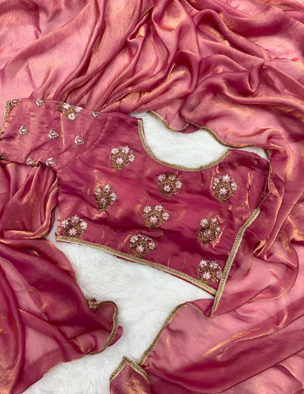 Shimmery Dark Pink Tissue Designer Saree