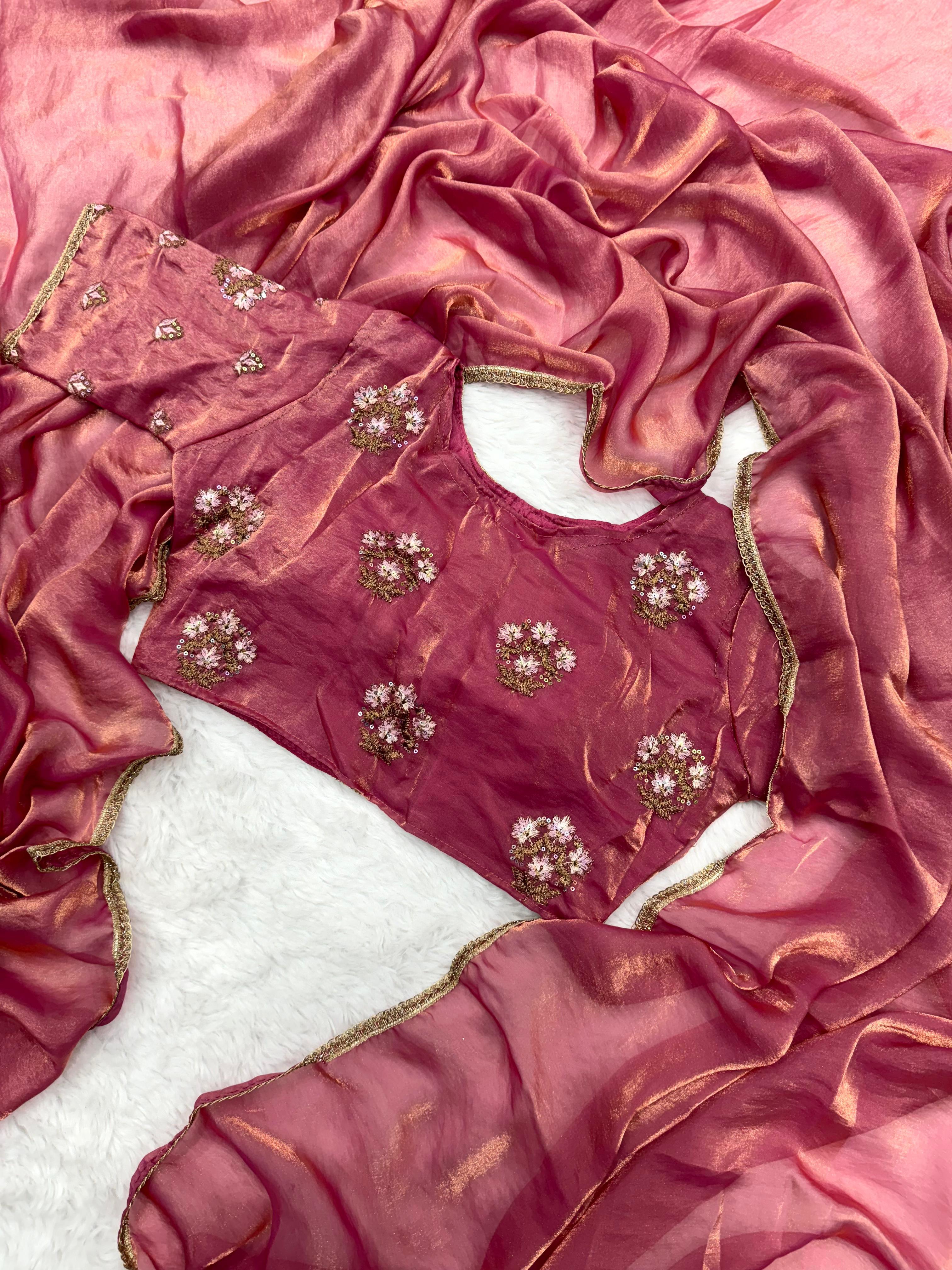 Shimmery Dark Pink Tissue Designer Saree