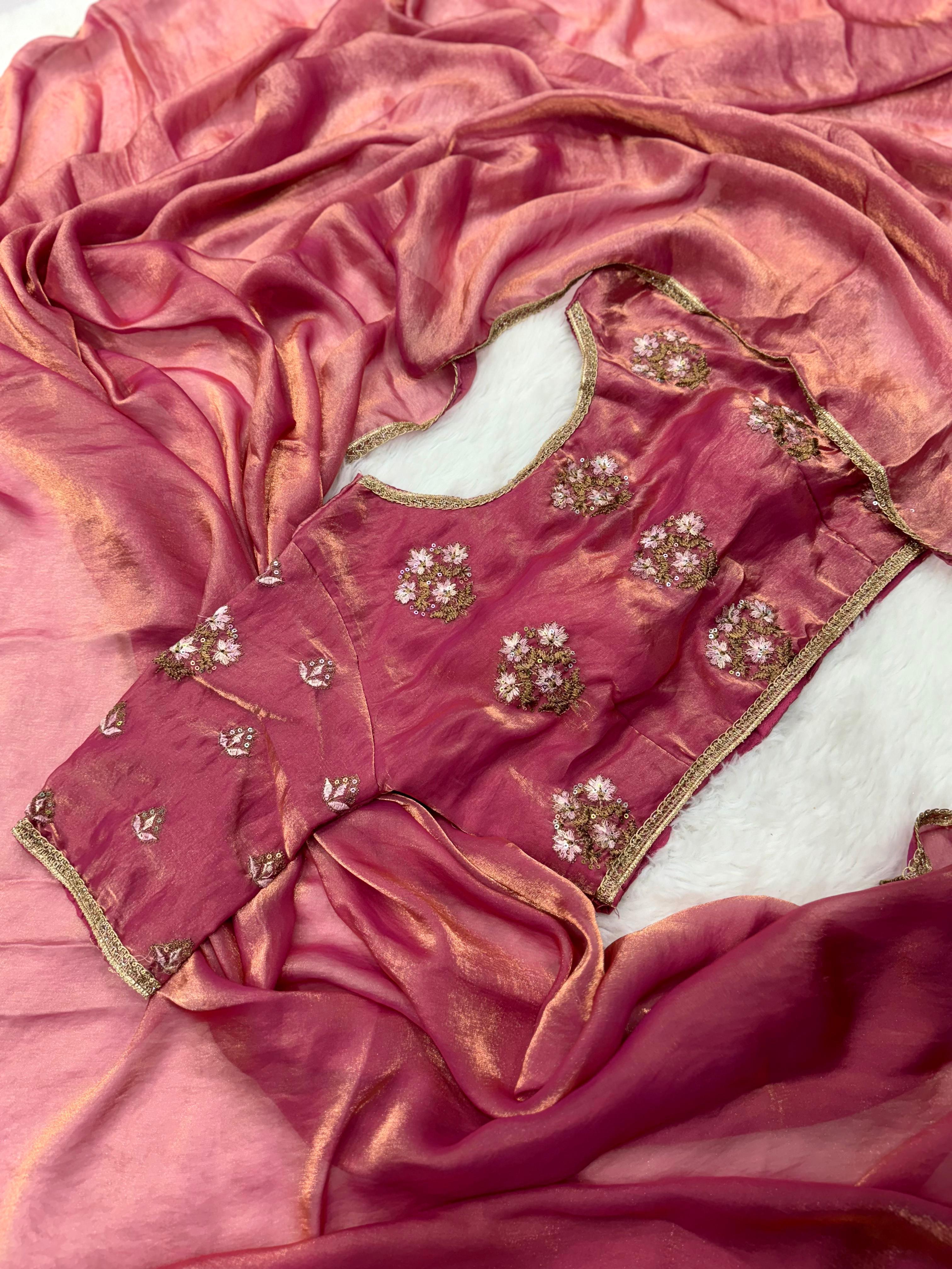 Shimmery Dark Pink Tissue Designer Saree