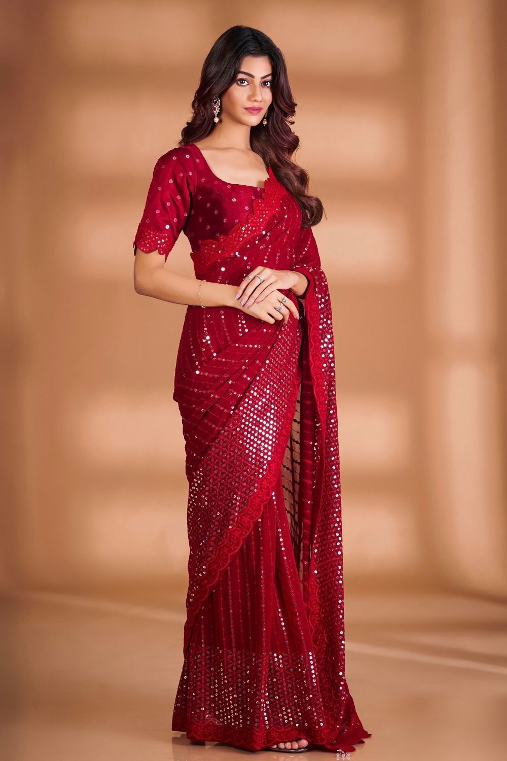 Maroon Beatifull Georgette Embroidered And Sequins Saree Wedding Wear