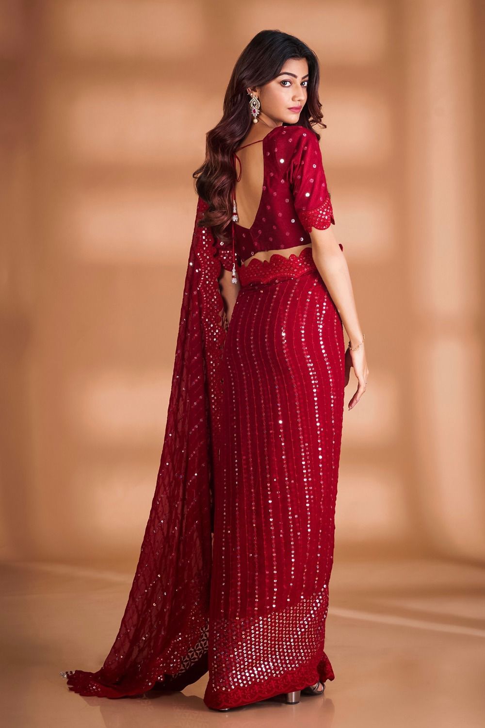 Maroon Beatifull Georgette Embroidered And Sequins Saree Wedding Wear