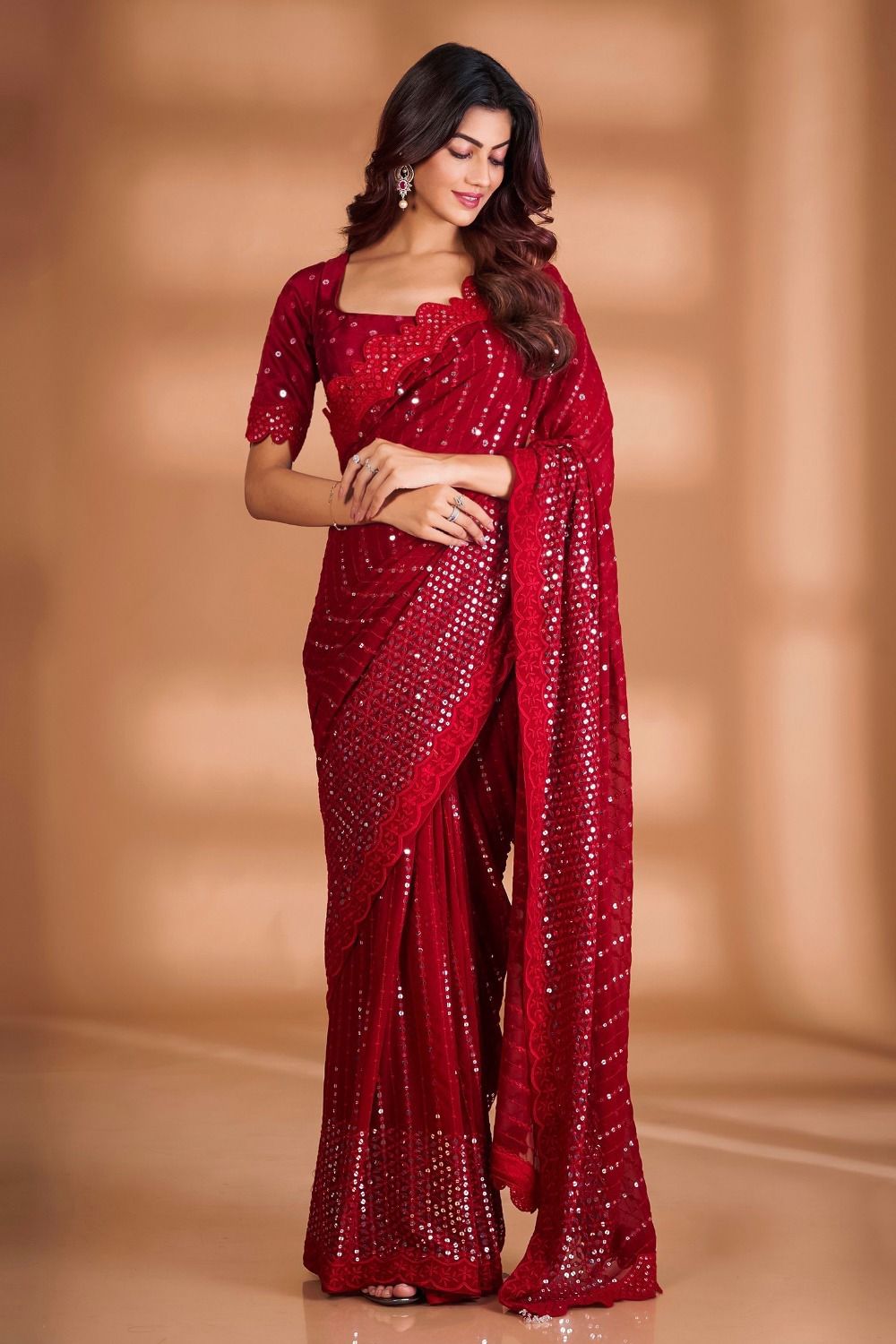 Maroon Beatifull Georgette Embroidered And Sequins Saree Wedding Wear