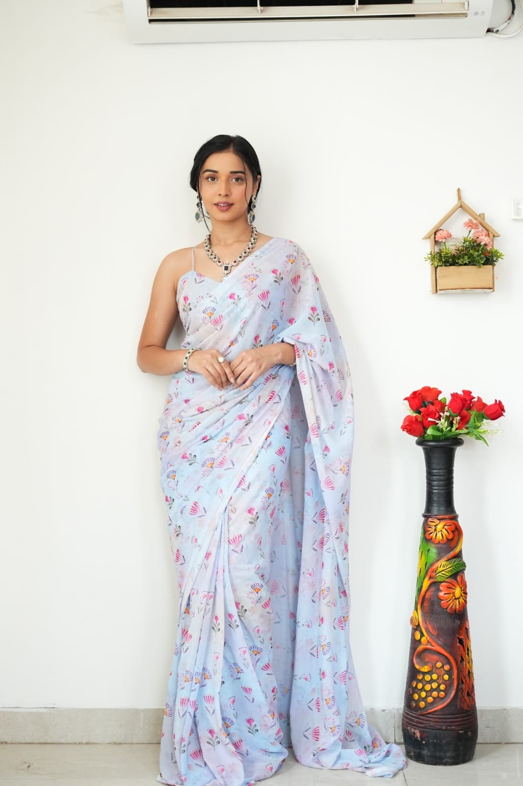 Extraordinary 1-Minute Ready To Wear Baby Pink Printed Satin Silk Saree