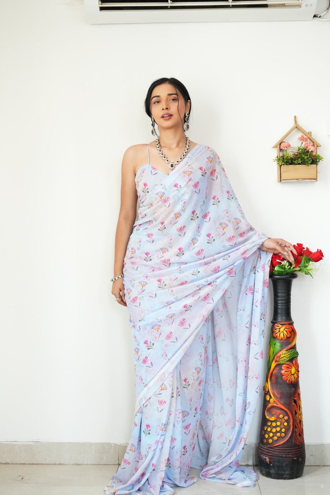 Extraordinary 1-Minute Ready To Wear Baby Pink Printed Satin Silk Saree