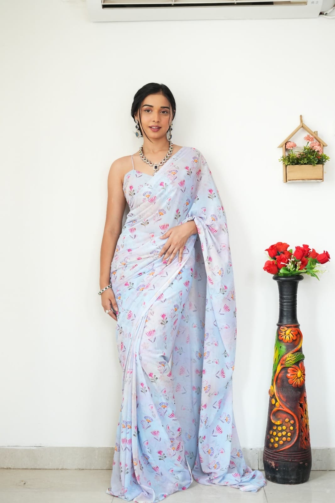 Extraordinary 1-Minute Ready To Wear Baby Pink Printed Satin Silk Saree