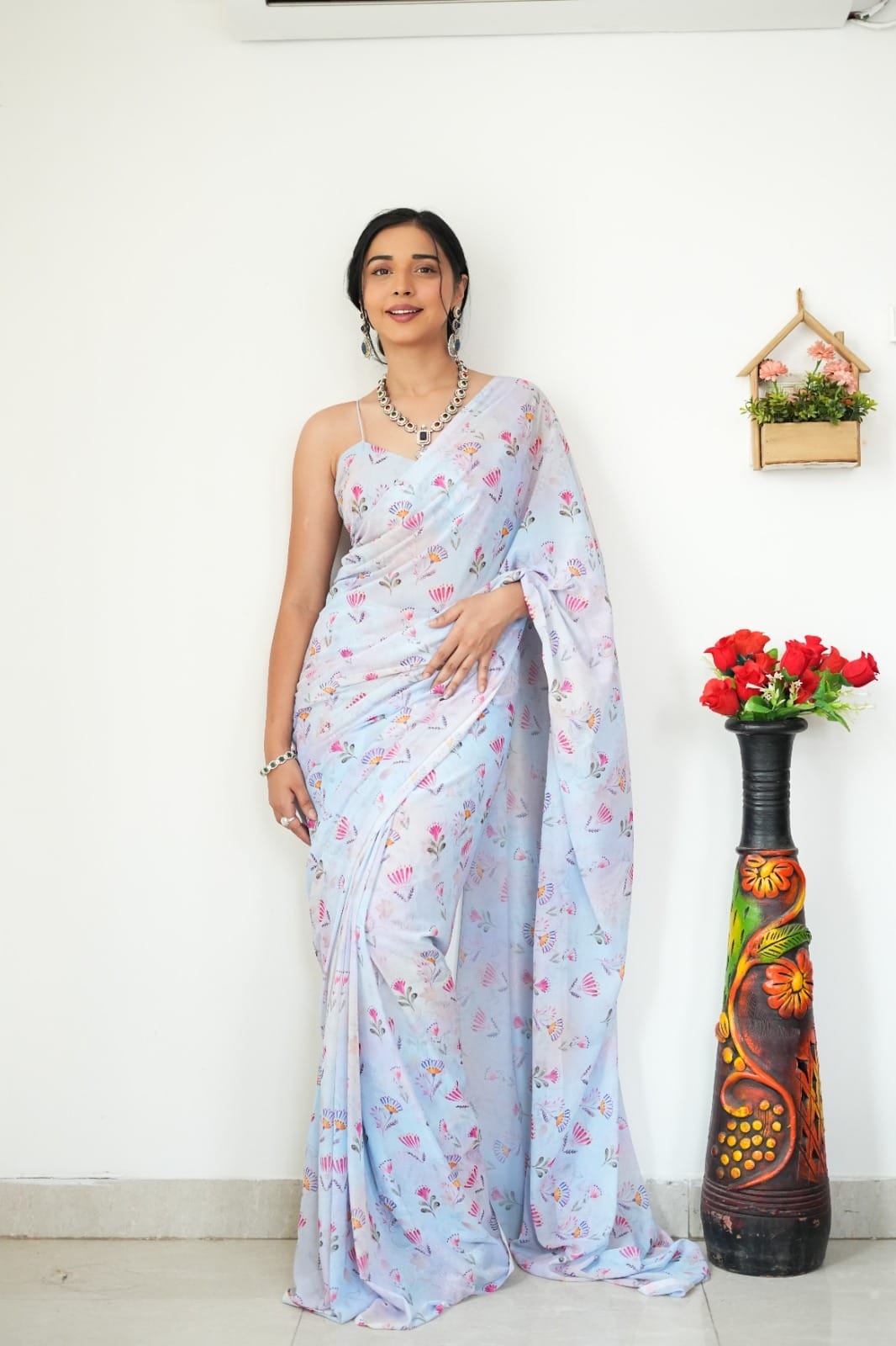 Extraordinary 1-Minute Ready To Wear Baby Pink Printed Satin Silk Saree