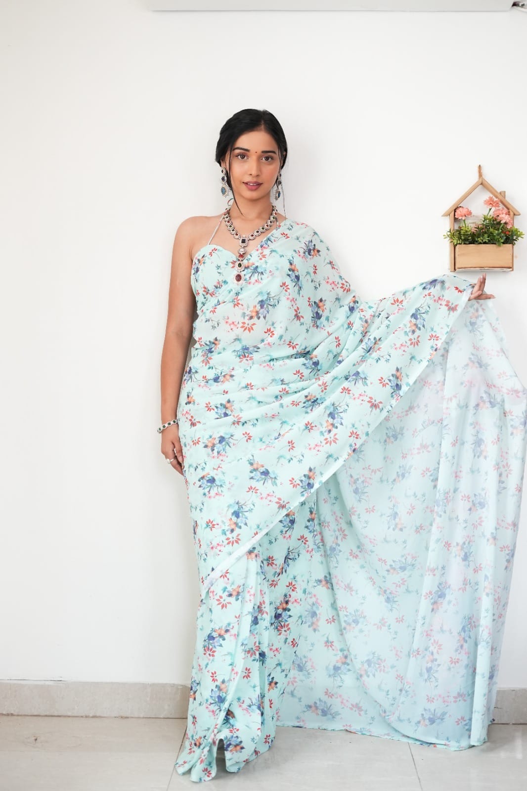 Gratifying 1-Minute Ready To Wear Light Sea Green Printed Satin Silk Saree