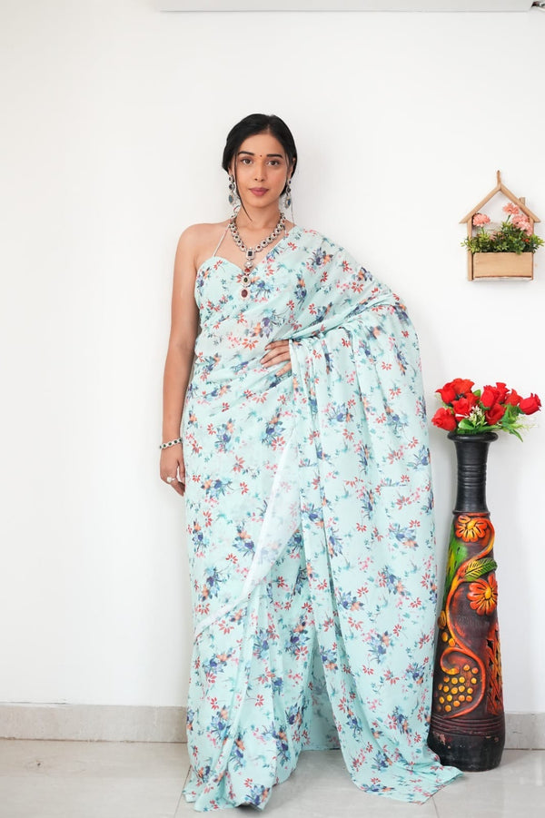 Gratifying 1-Minute Ready To Wear Light Sea Green Printed Satin Silk Saree