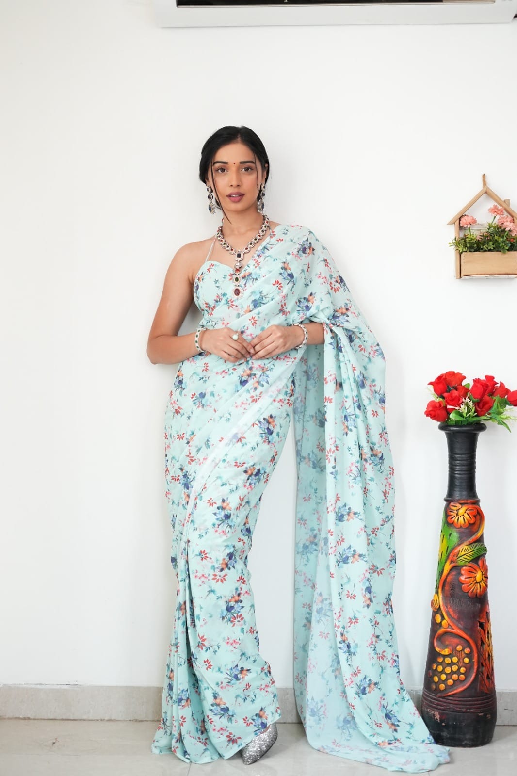 Gratifying 1-Minute Ready To Wear Light Sea Green Printed Satin Silk Saree