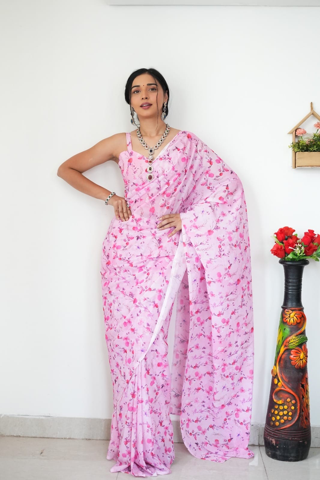 Extraordinary 1-Minute Ready To Wear Baby Pink Printed Satin Silk Saree