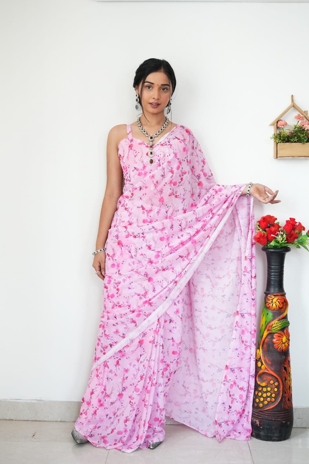 Extraordinary 1-Minute Ready To Wear Baby Pink Printed Satin Silk Saree