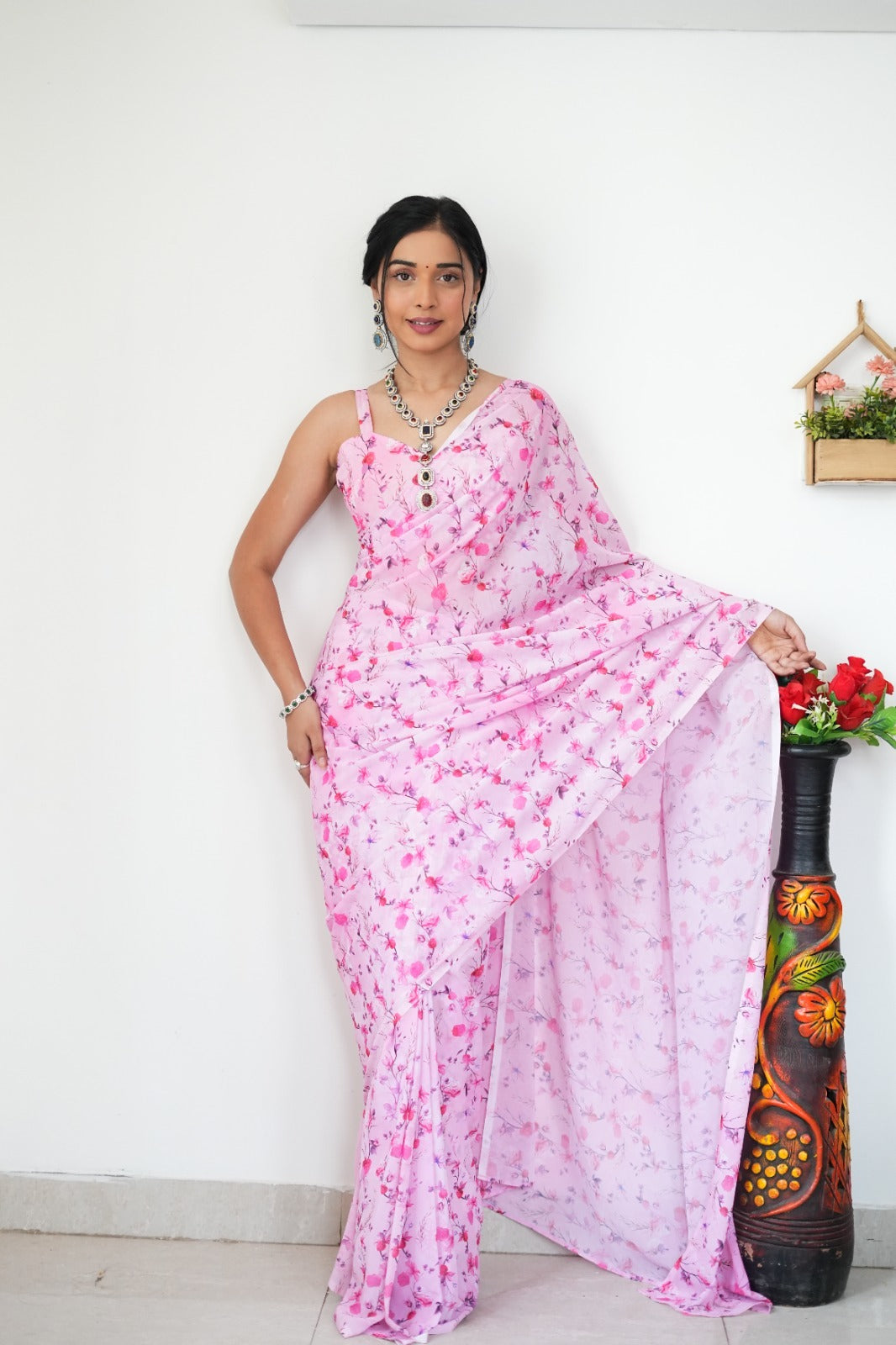 Extraordinary 1-Minute Ready To Wear Baby Pink Printed Satin Silk Saree