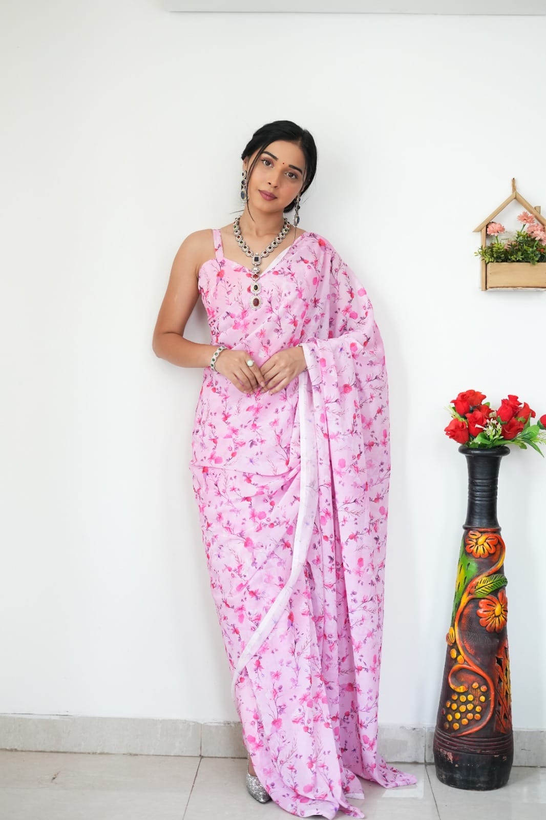 Extraordinary 1-Minute Ready To Wear Baby Pink Printed Satin Silk Saree