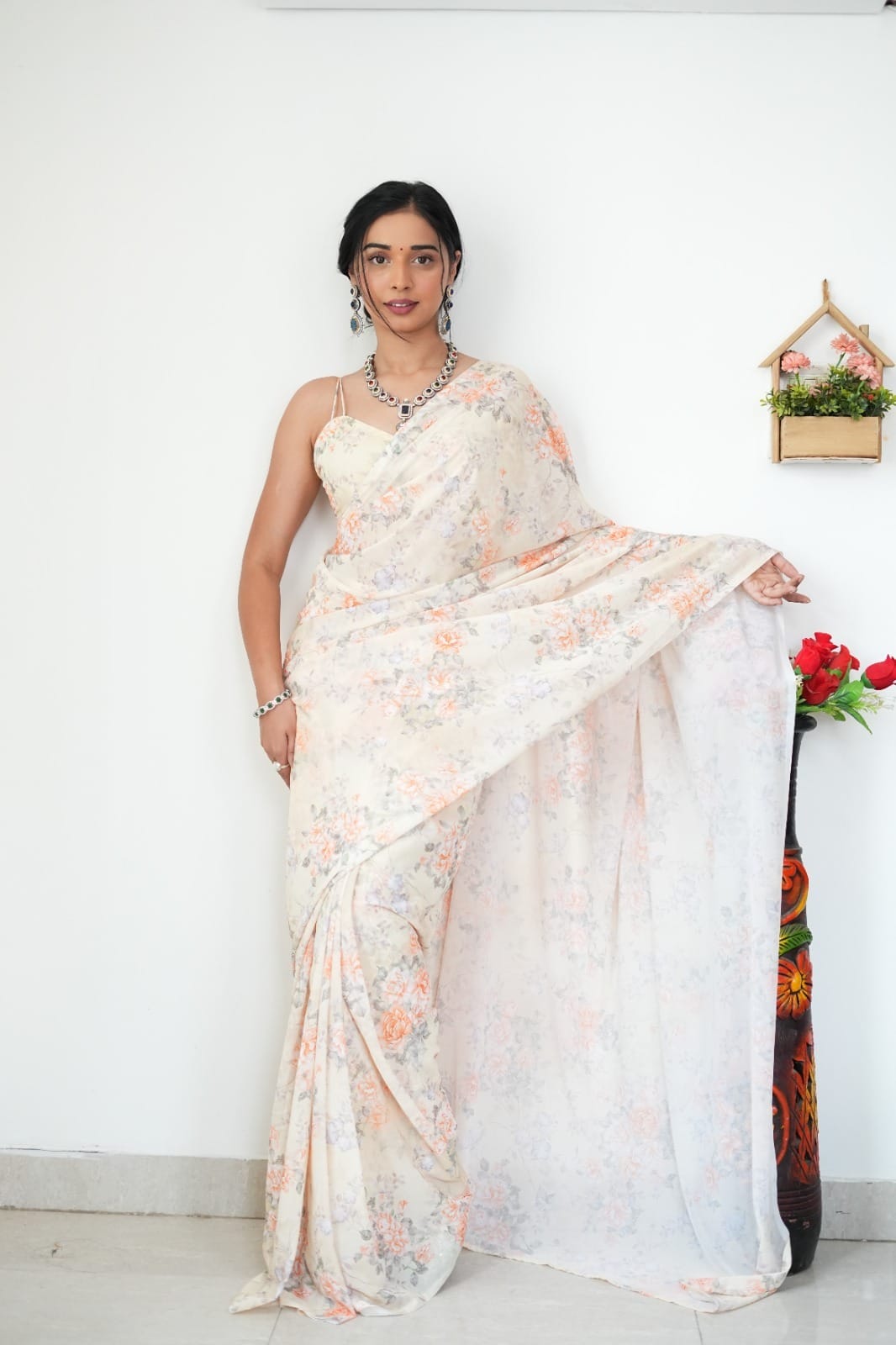 Extraordinary 1-Minute Ready To Wear Baby Pink Printed Satin Silk Saree