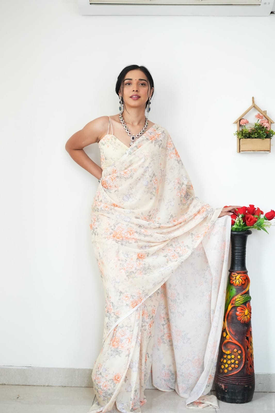 Extraordinary 1-Minute Ready To Wear Baby Pink Printed Satin Silk Saree