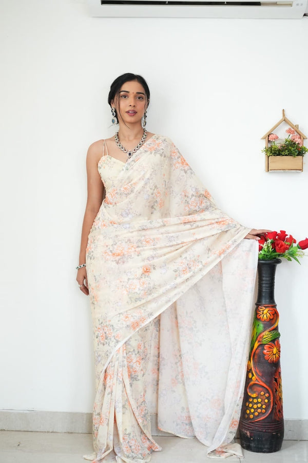 Lovely 1-Minute Ready To Wear Beige Printed Satin Silk Saree