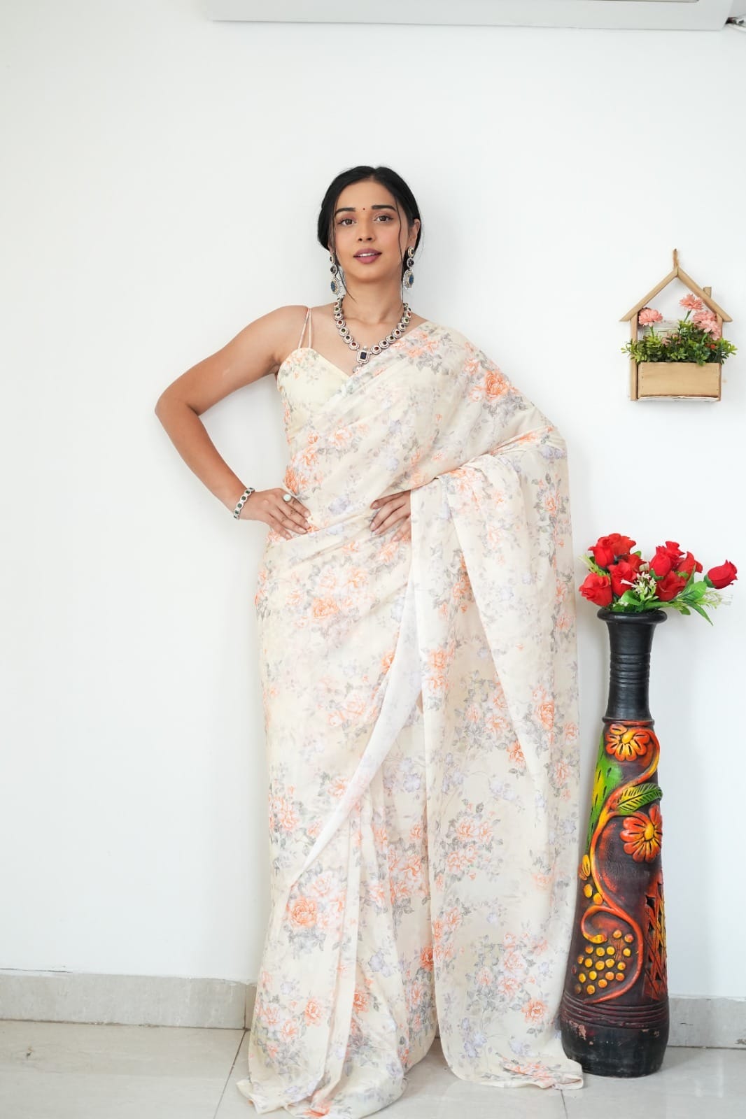 Extraordinary 1-Minute Ready To Wear Baby Pink Printed Satin Silk Saree