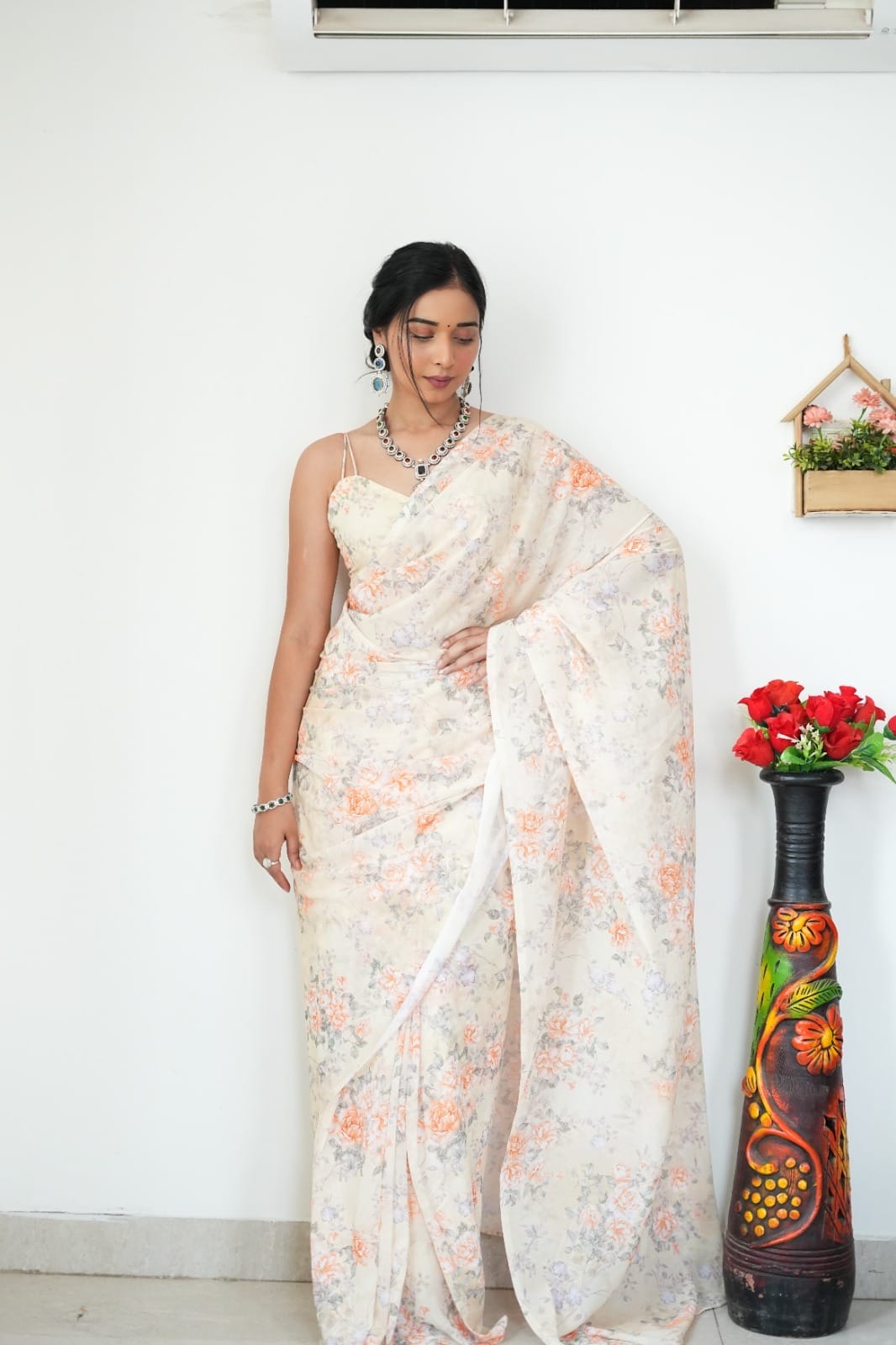 Lovely 1-Minute Ready To Wear Beige Printed Satin Silk Saree