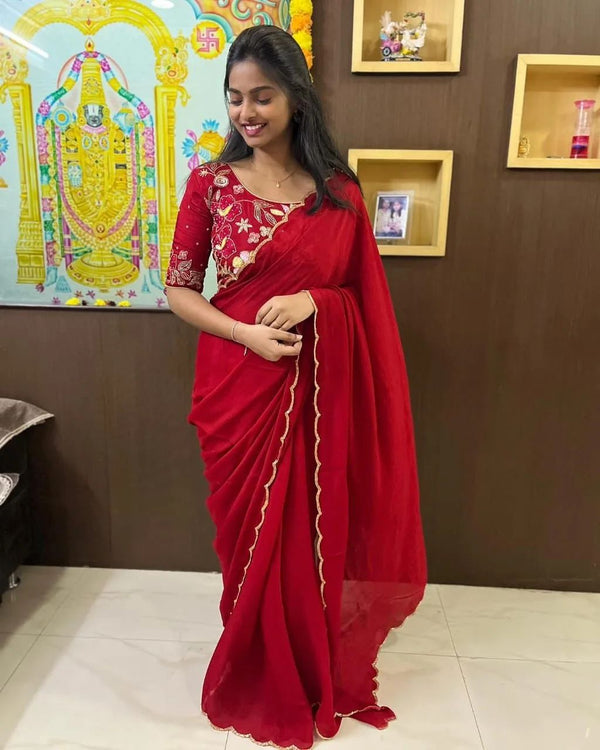 Beautiful 1-Minute Ready To Wear Red Georgette Saree