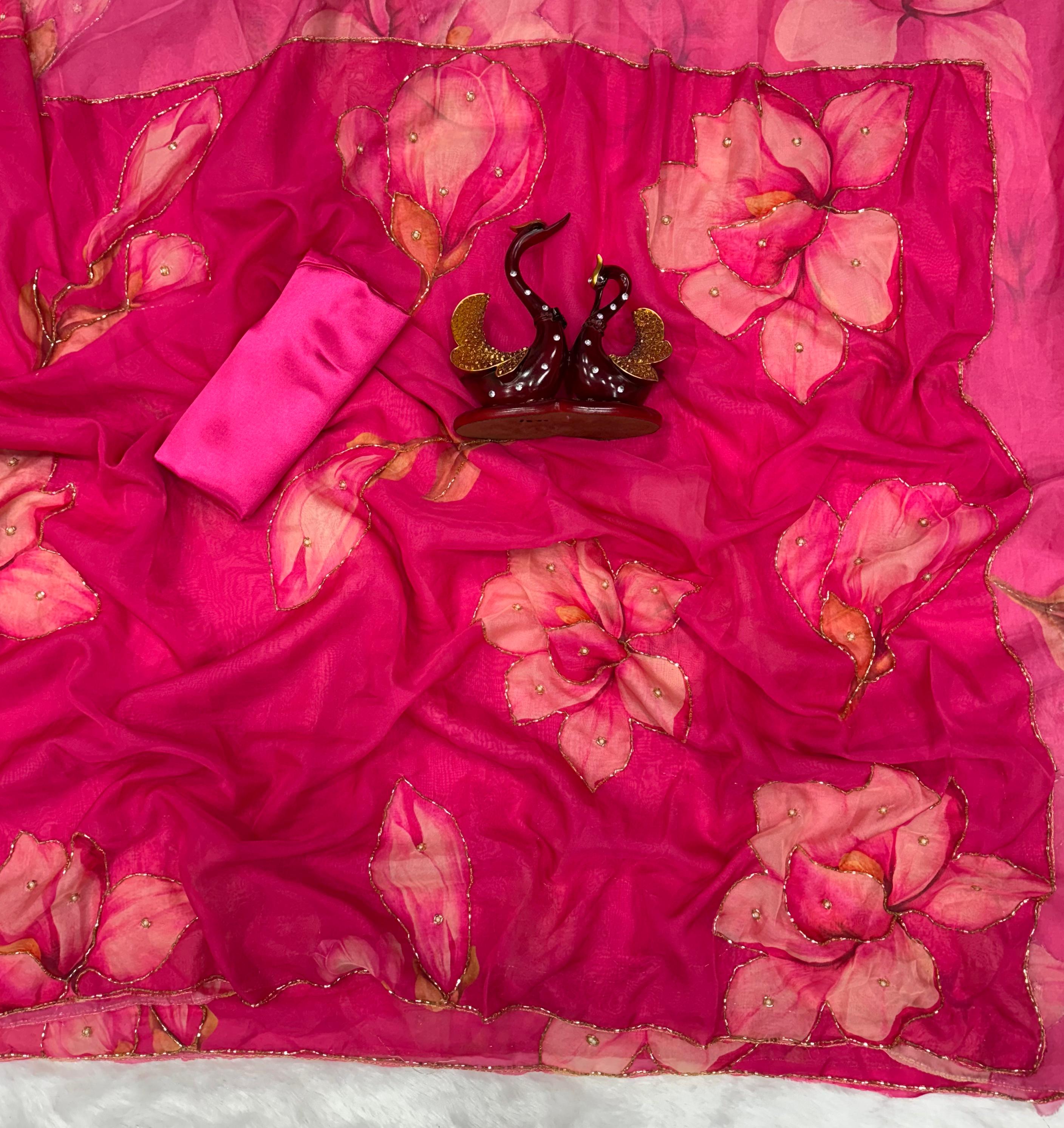 Beautiful Floral Print & Katdana Handwork Saree