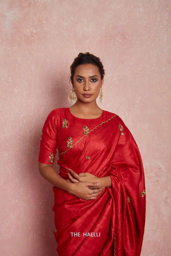 Pari Red Tussar Silk Saree With Blouse