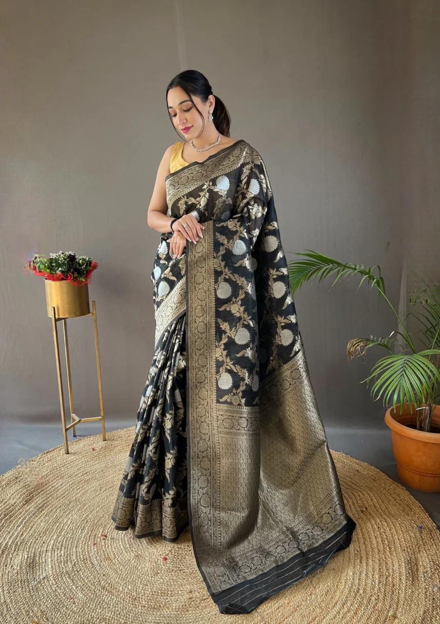 Pretty Black Color Banarasi Silk Zari Weaving Saree With Blouse Piece