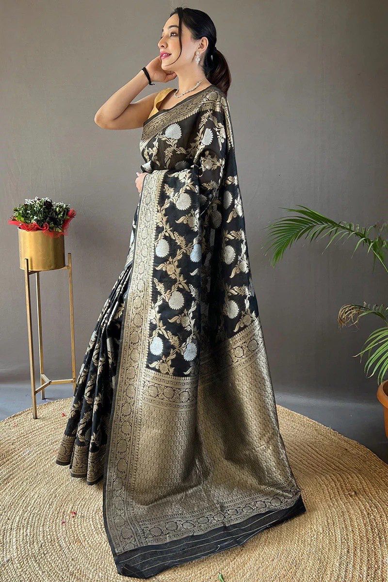 Pretty Black Color Banarasi Silk Zari Weaving Saree With Blouse Piece