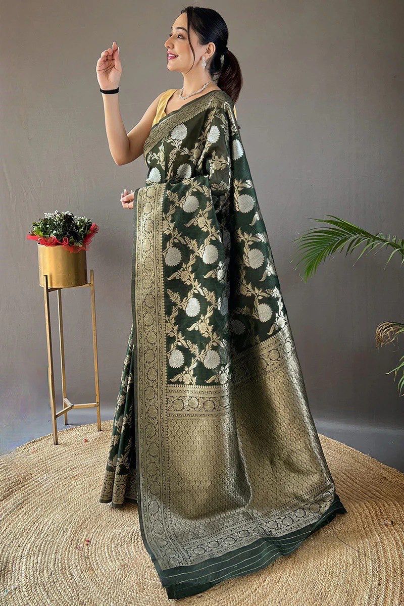 Pretty Black Color Banarasi Silk Zari Weaving Saree With Blouse Piece