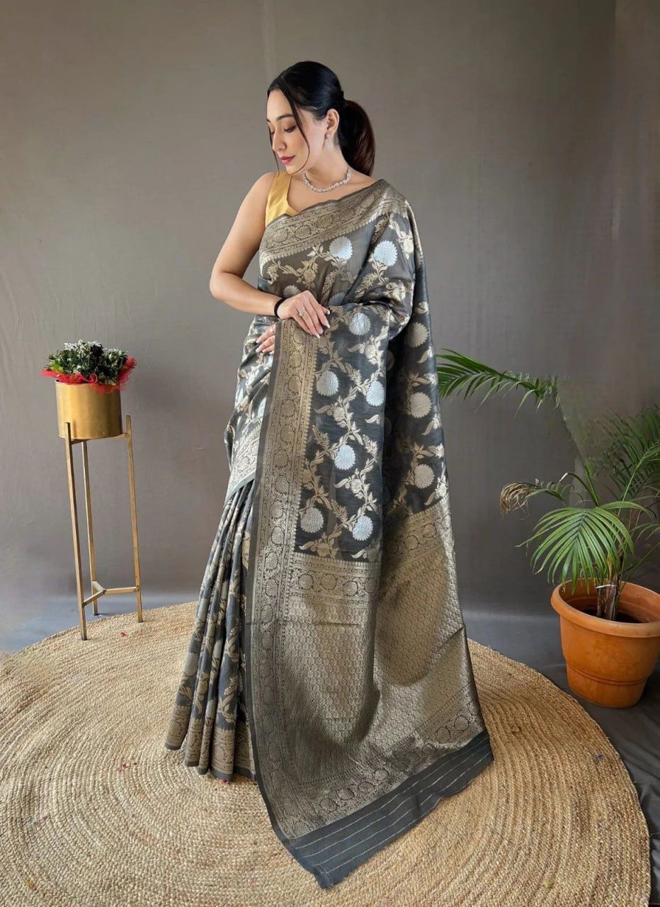 Pretty Black Color Banarasi Silk Zari Weaving Saree With Blouse Piece