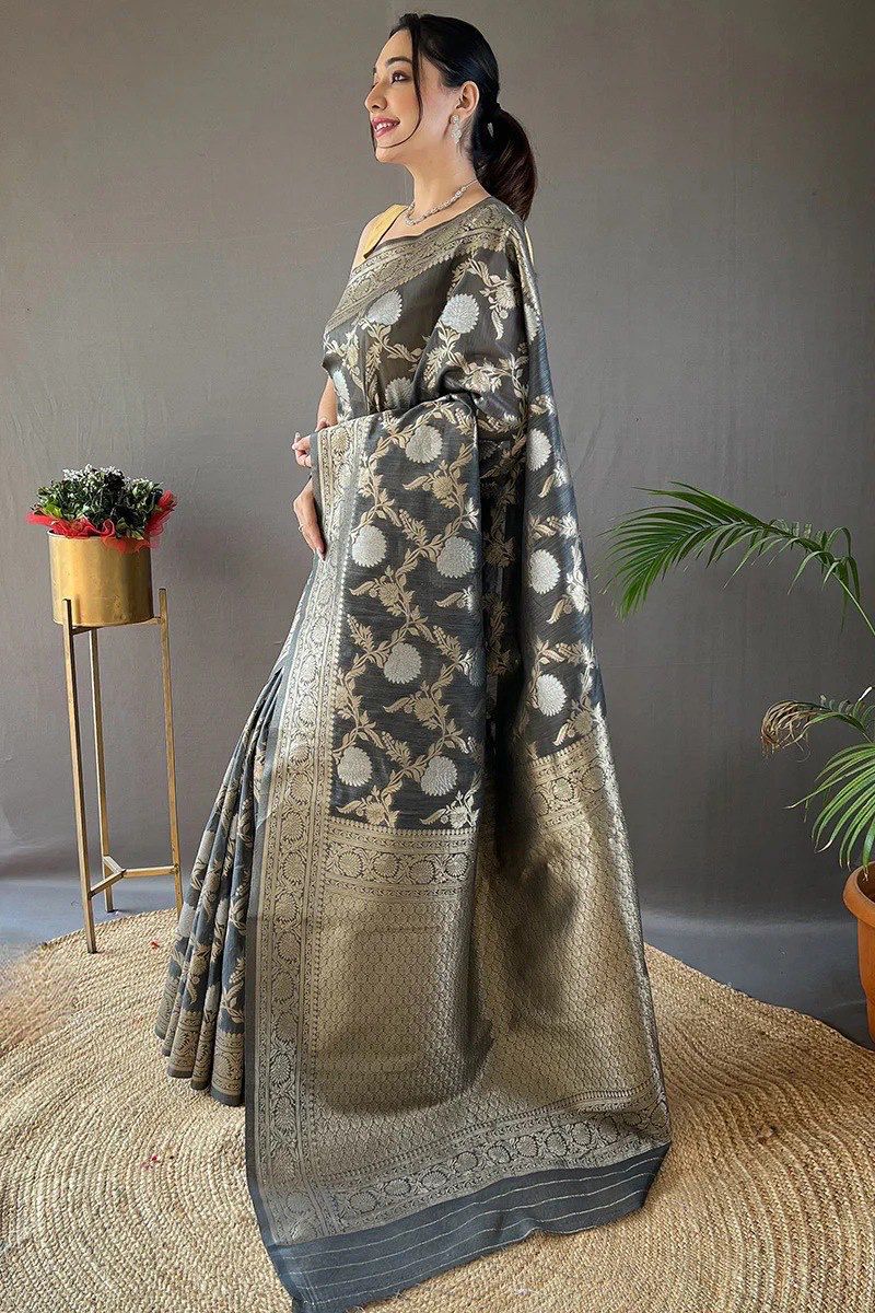 Pretty Black Color Banarasi Silk Zari Weaving Saree With Blouse Piece