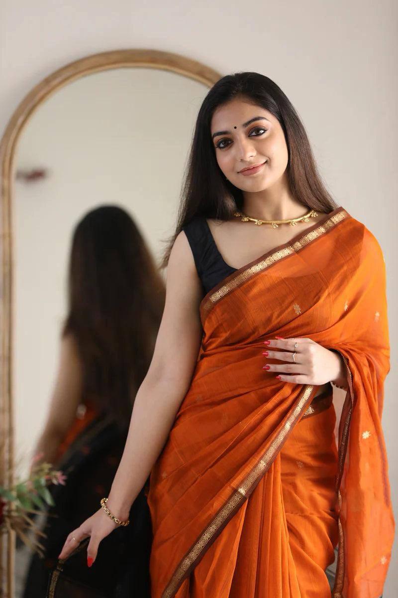 Luminous Orange Cotton Silk Saree With Scintillating Blouse Piece