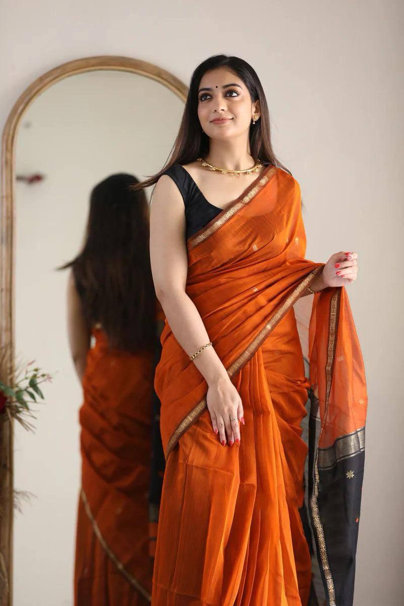 Luminous Orange Cotton Silk Saree With Scintillating Blouse Piece