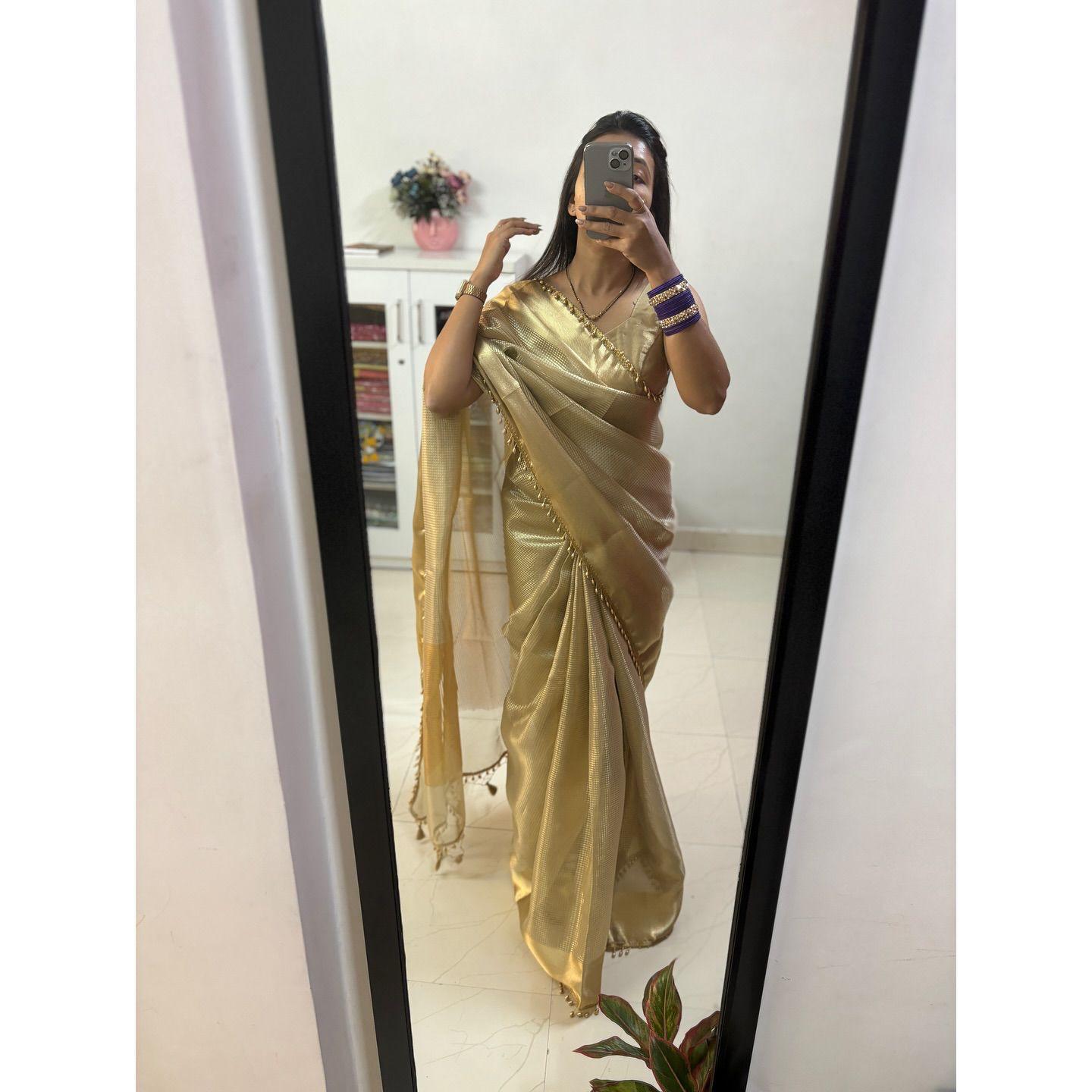 beautiful banarsi golden tissue silk saree with antic gold border