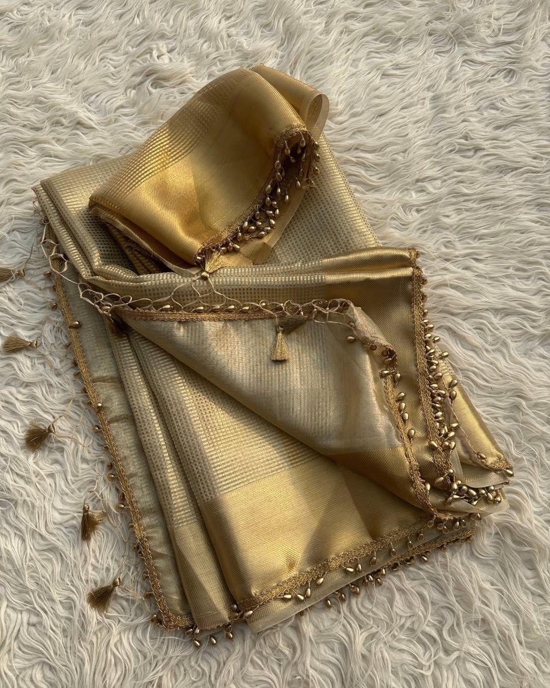 beautiful banarsi golden tissue silk saree with antic gold border