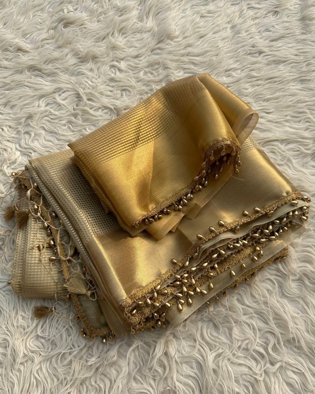 beautiful banarsi golden tissue silk saree with antic gold border