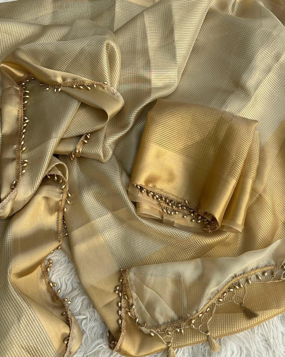 beautiful banarsi golden tissue silk saree with antic gold border