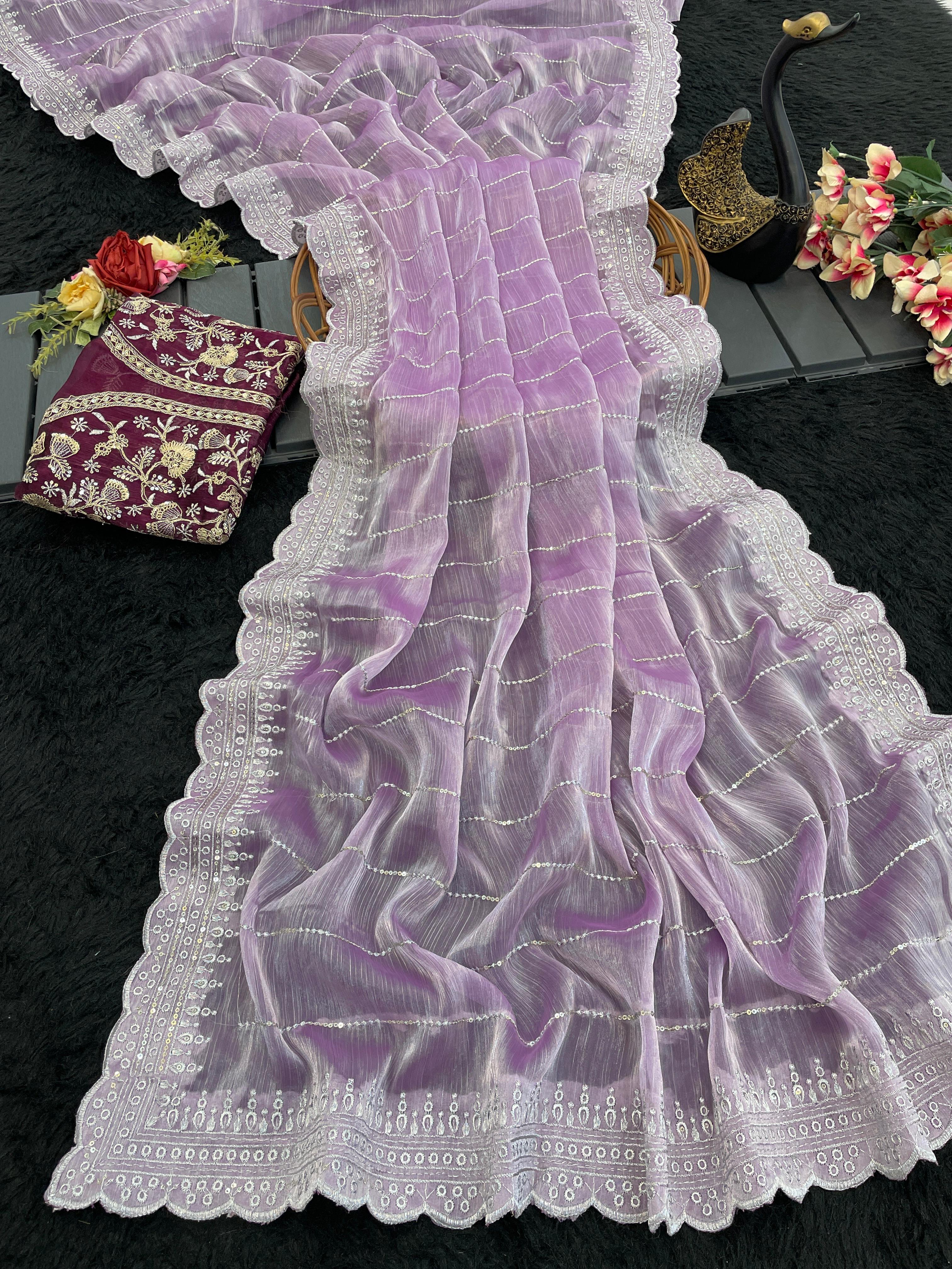 Embroidered, Dyed Bollywood Tissue Saree