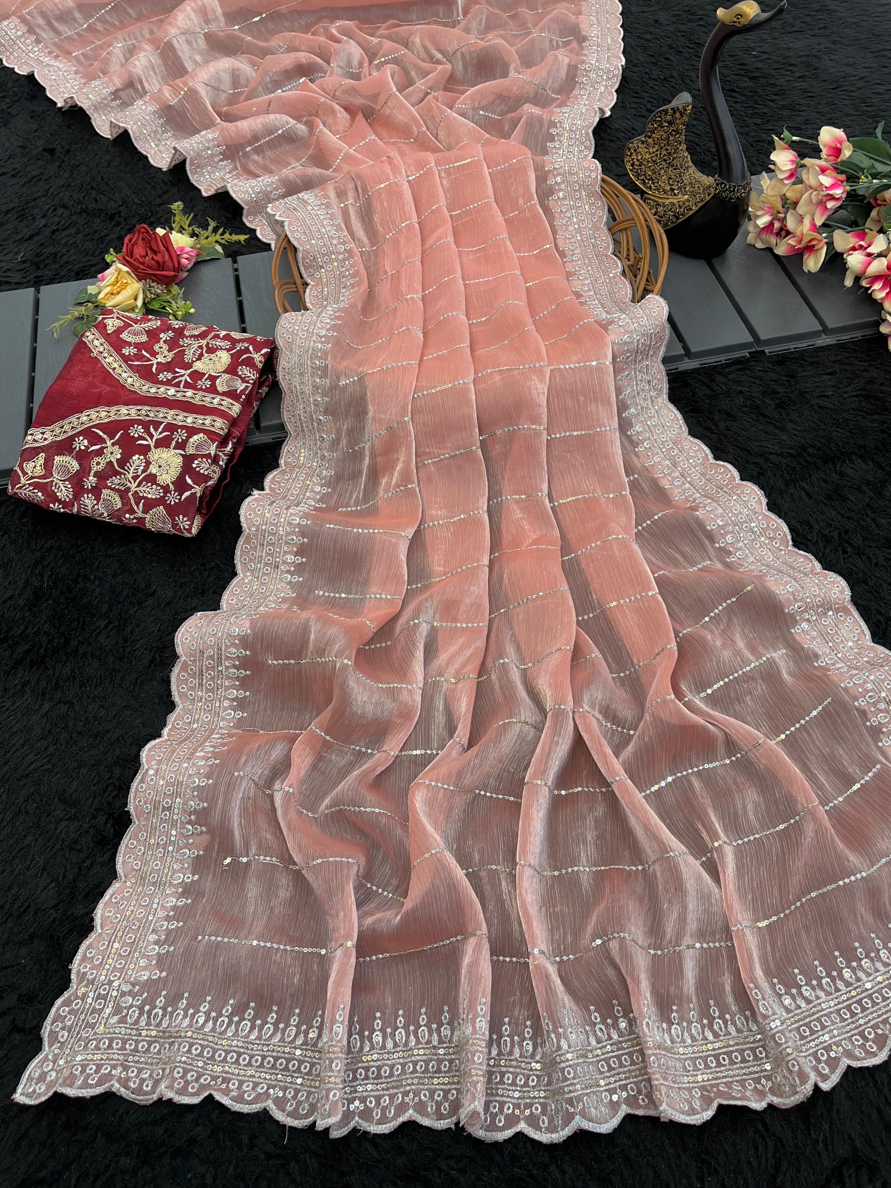 Embroidered, Dyed Bollywood Tissue Saree