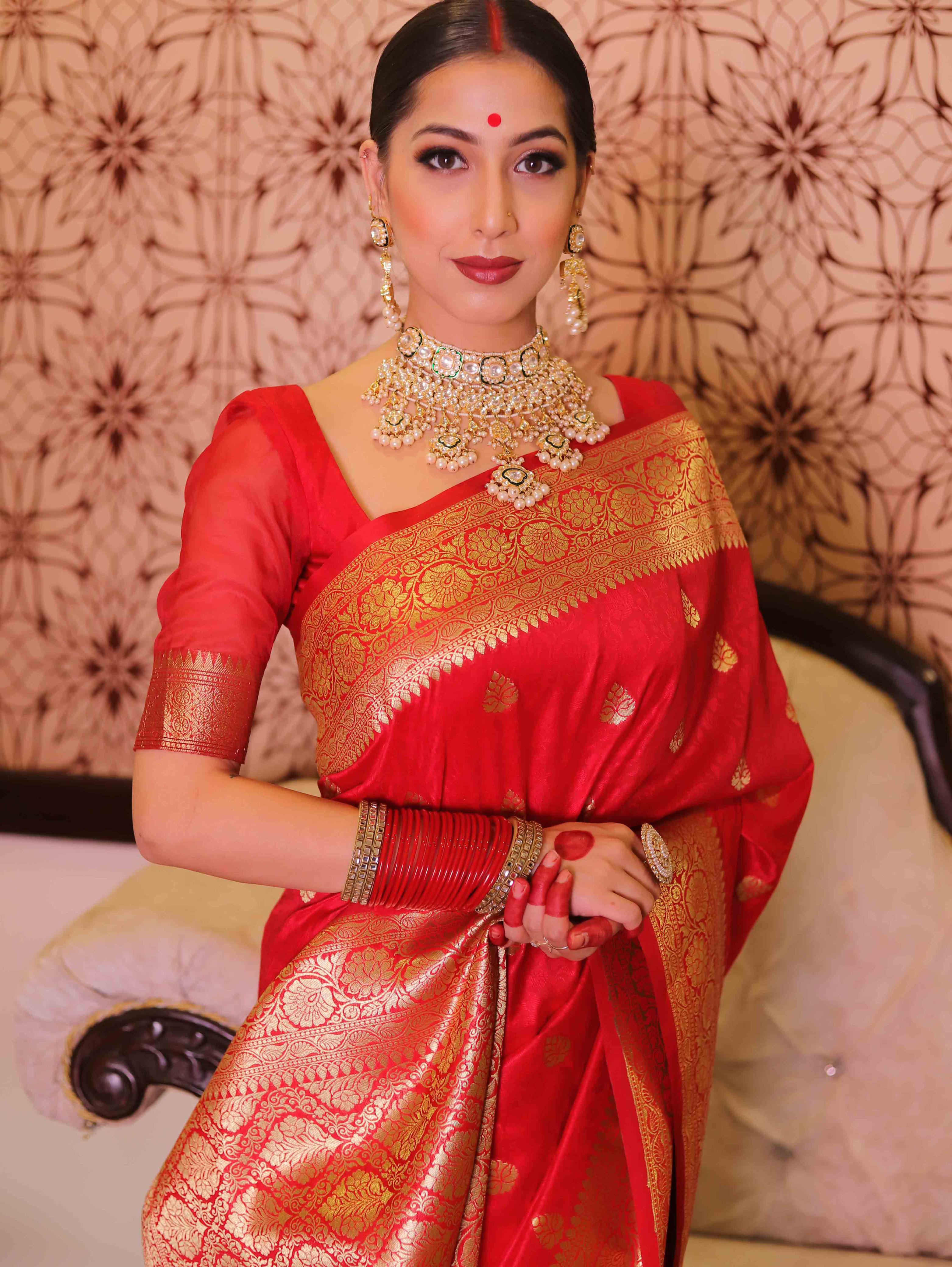 Floral Red&nbsp;Banarasi Saree with Contrast Border