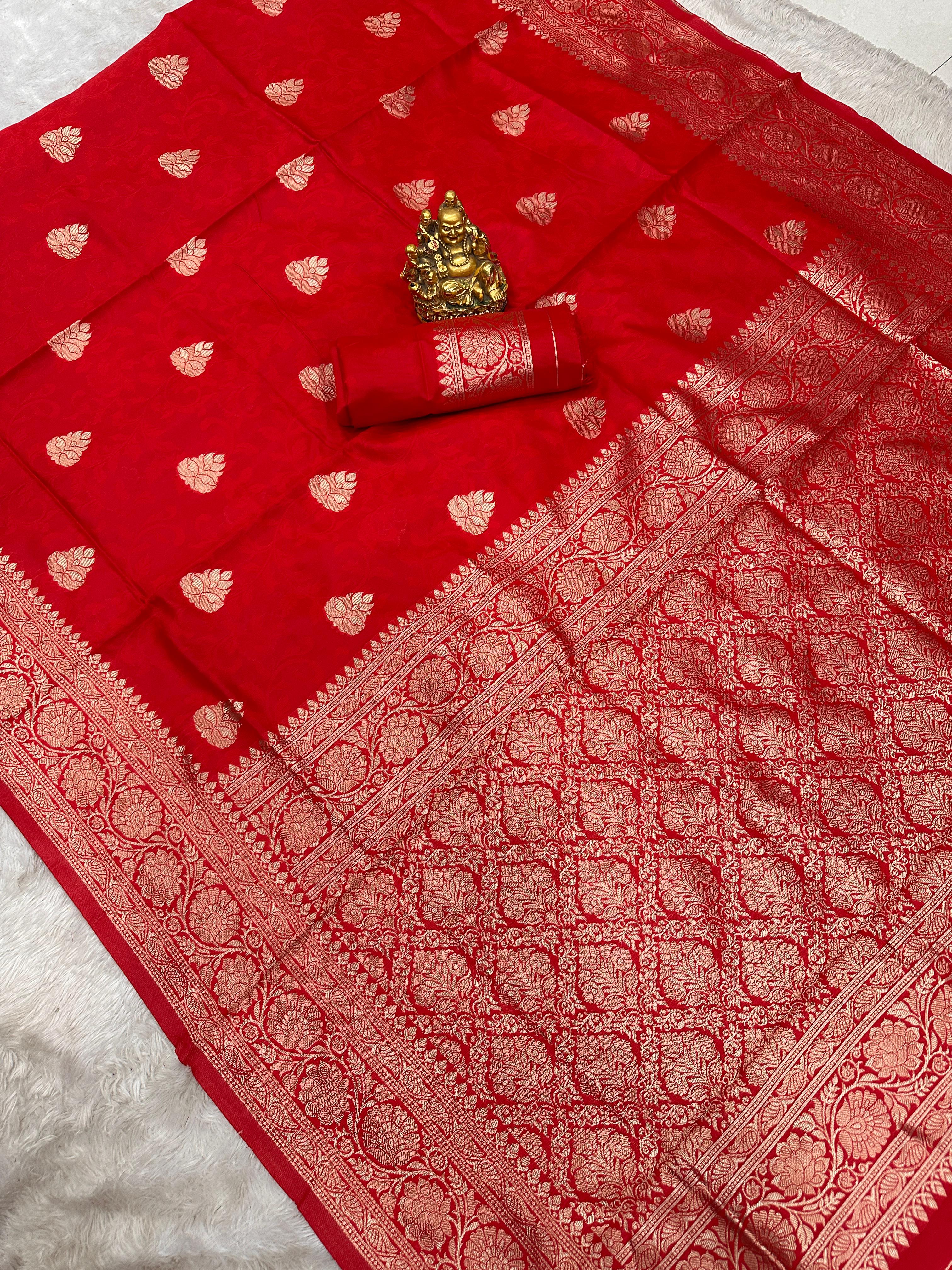 Floral Red&nbsp;Banarasi Saree with Contrast Border