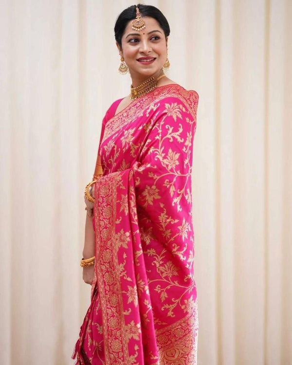 Dark Green And Pink Zari Work Soft Lichi Silk Saree