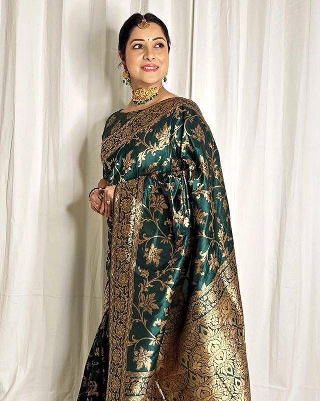 Dark Green And Pink Zari Work Soft Lichi Silk Saree