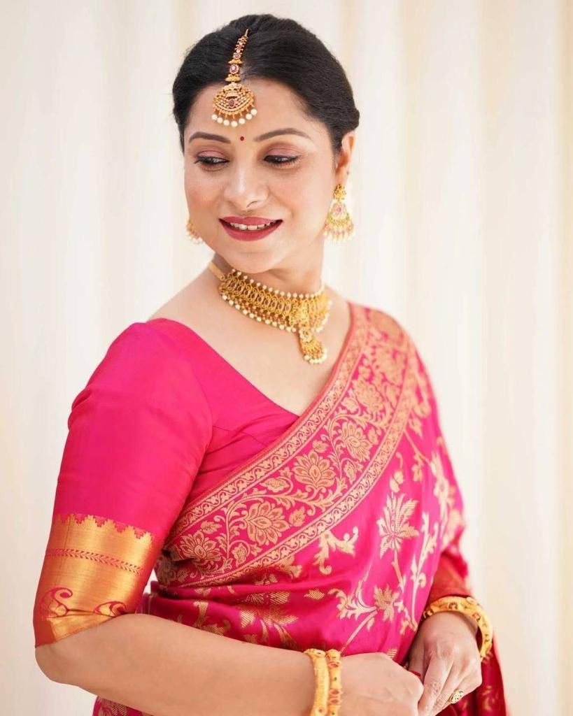 Dark Green And Pink Zari Work Soft Lichi Silk Saree