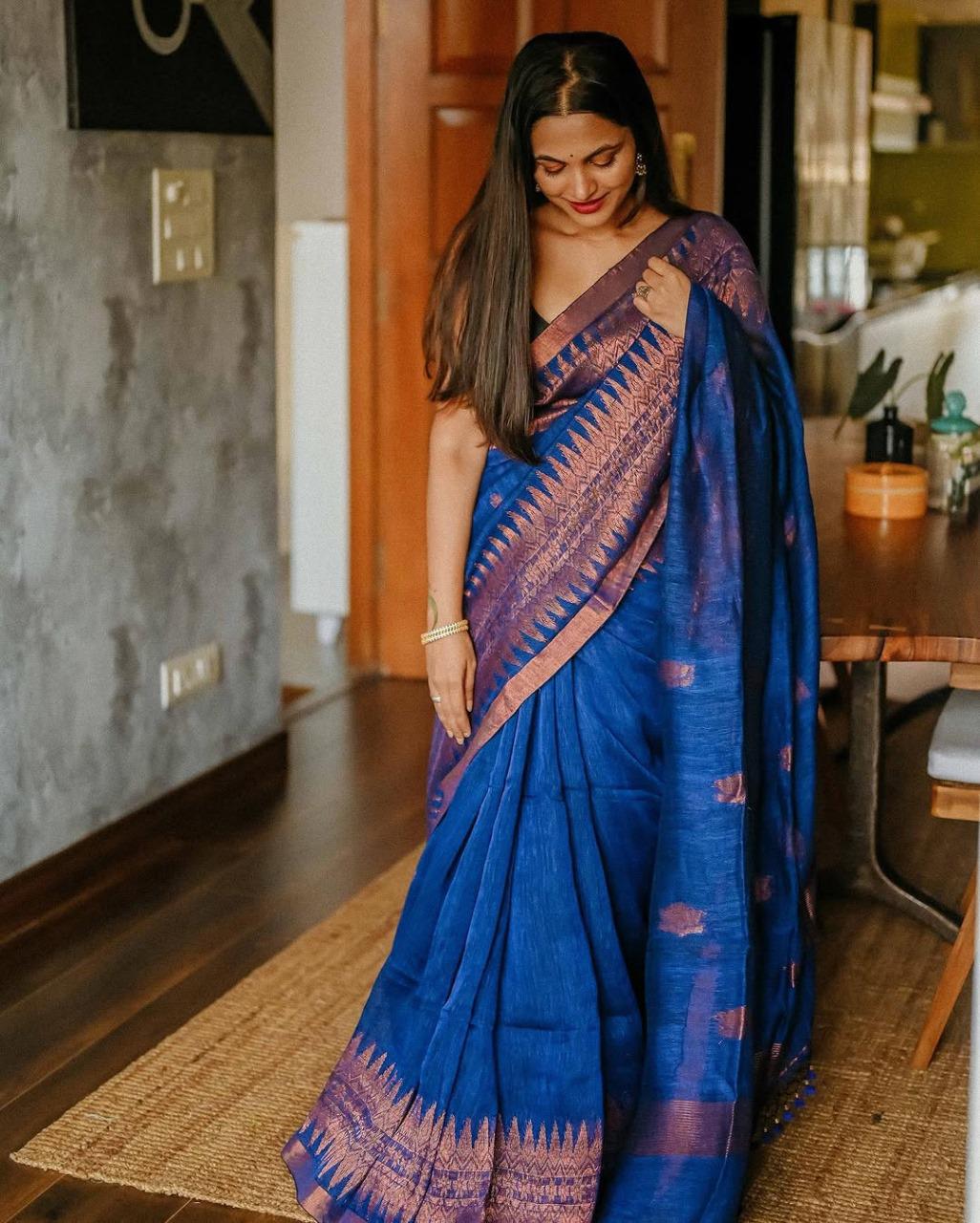 Designer Royal Blue Cotton Silk Saree With Classic Blouse Piece