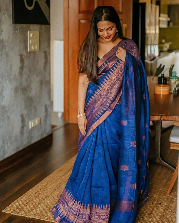 Designer Royal Blue Cotton Silk Saree With Classic Blouse Piece