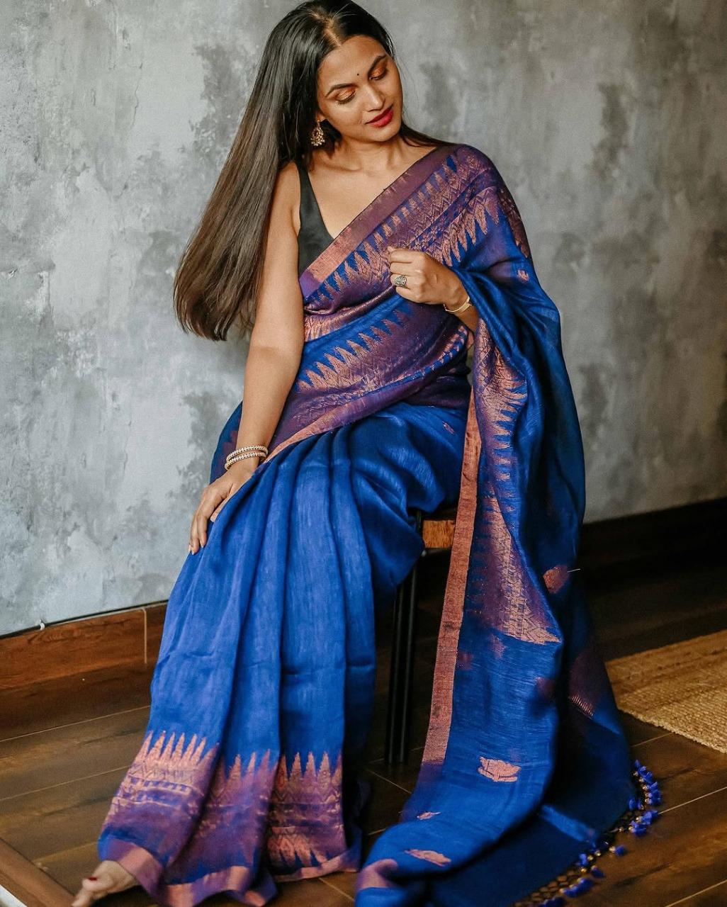 Designer Royal Blue Cotton Silk Saree With Classic Blouse Piece