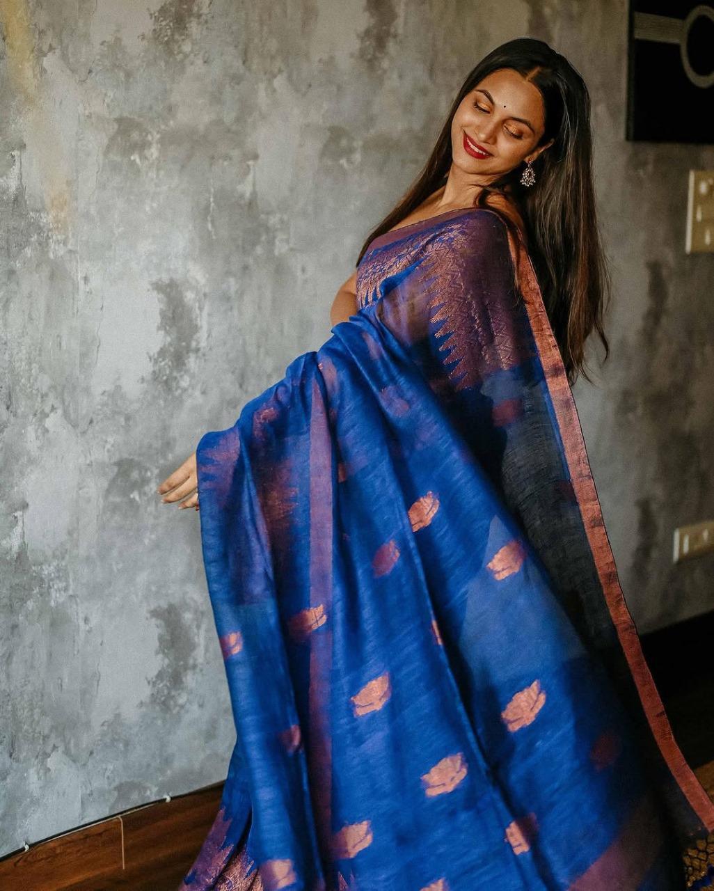Designer Royal Blue Cotton Silk Saree With Classic Blouse Piece