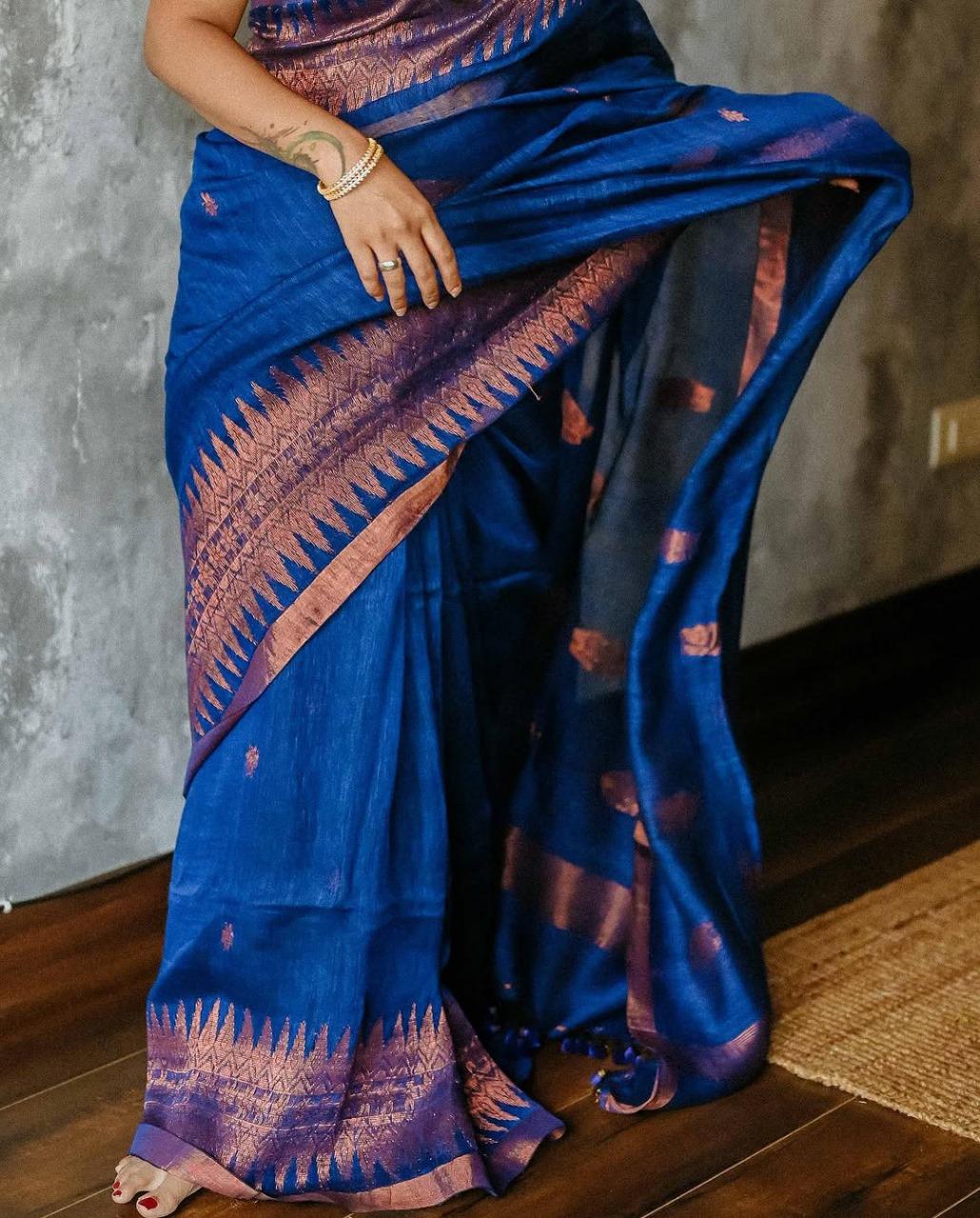 Designer Royal Blue Cotton Silk Saree With Classic Blouse Piece